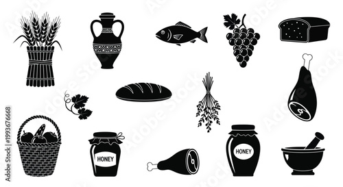 A collection of still life food and agricultural items presented in a striking black silhouette high quality professional detailed modern elegant