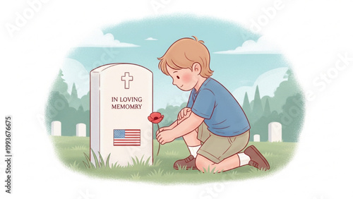 A young boy places a poppy in memory of a fallen soldier at a cemetery