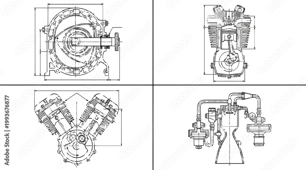 Obraz premium Detailed engineering blueprints of four different engine types displayed in a grid