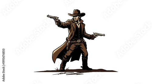 Dynamic Illustration of a Fearless Gunslinger in Classic Western Attire, Ready for an Action-Packed Showdown