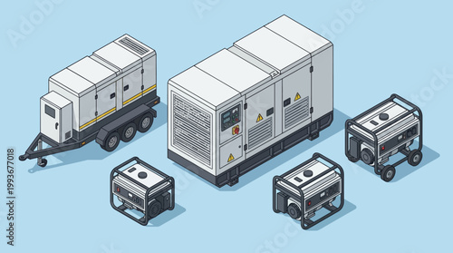 Isometric illustration of various power generators providing electricity solutions for diverse needs