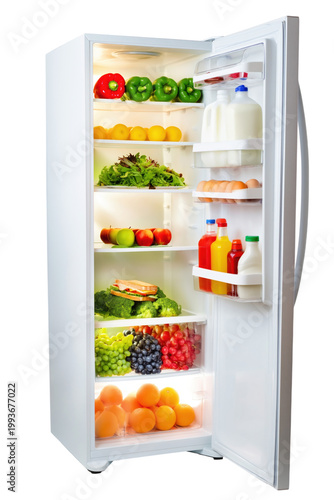 Open Refrigerator Interior Stock Filled With Fresh Vegetables, Fruits, and Drinks isolated on transparent background PNG element