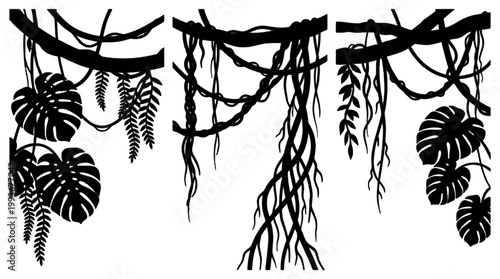 Jungle vines and tropical leaves hanging from branches, jungle atmosphere