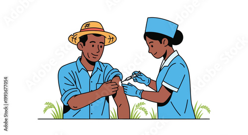 Nurse giving vaccination injection to farmer in rural field for malaria disease prevention isolated on white background