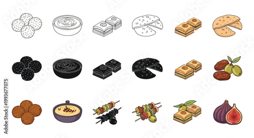 An assortment of middle eastern food items including sweets fruits and savory dishes depicted in linear style silhouette high quality professional