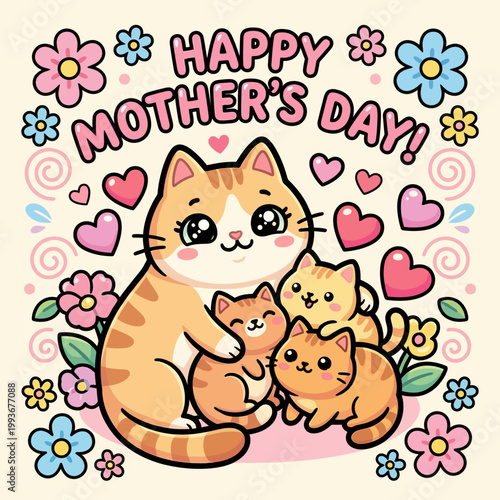 Happy Mother's Day Cute Cartoon Cat Family Illustration with Flowers and Hearts