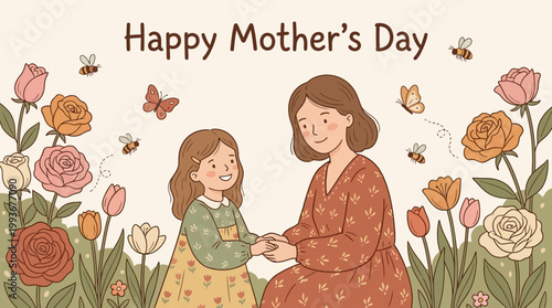 Happy Mother's Day illustration of a mother and daughter surrounded by flowers and bees