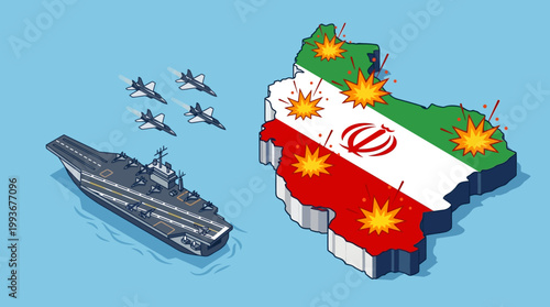 Military Aircraft Carrier and Jets Approaching Iran Map Flag with Explosions