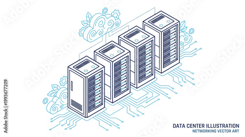 Isometric digital representation of networked server racks within a modern data center infrastructure