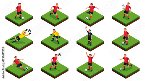 Dynamic Isometric Soccer Players Collection Illustrating Key Game Actions and Roles on a Green Field Background