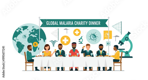 Diverse group of people attending a global malaria charity fundraising dinner event illustration isolated on white background