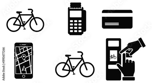 A collection of black silhouettes depicting modern payment methods transportation and technology against a white background silhouette high quality professional detailed