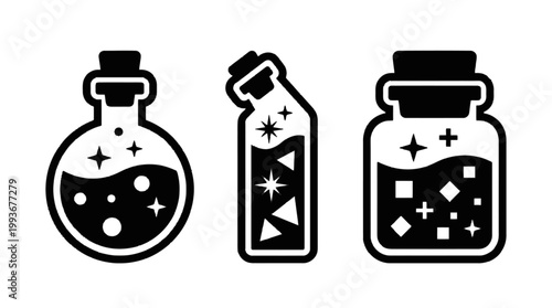 Three small bottles with magical potions, enchanted liquids, and glowing elements