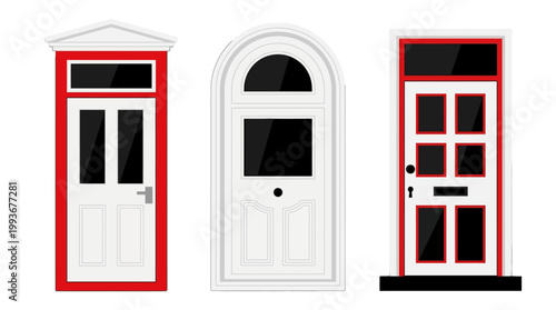 Collection of Three Distinct White Front Doors with Red Trim Accents