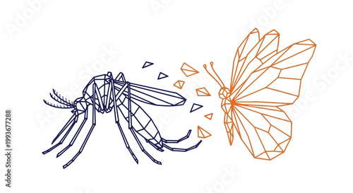 Geometric stylized mosquito and butterfly transformation representing nature and ecosystem balance isolated on white background