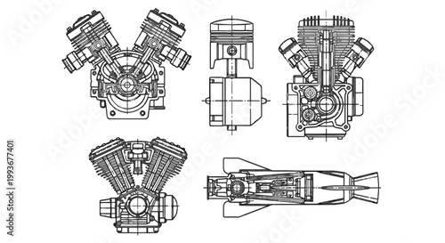 Detailed engineering blueprints and diagrams of a powerful V-twin engine