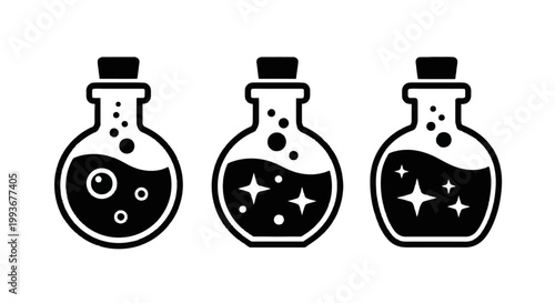 Three magic potions in round bottles with corks, representing mystical liquids with glowing elements