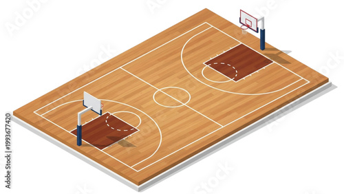 Isometric basketball court with wooden floor and markings for game play