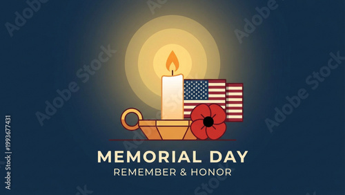 Memorial Day Remember & Honor A Candle, Flag, and Poppy