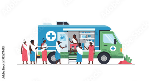 Mobile medical clinic van providing healthcare services to local rural community members isolated on white background