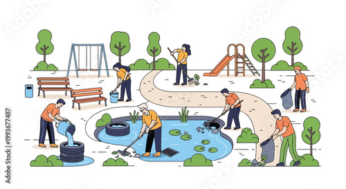 Group of volunteers cleaning up local park and pond to protect environment and community isolated on white background