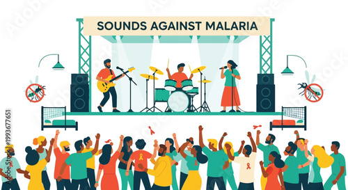 People dancing at music festival event for malaria awareness and disease prevention isolated on white background