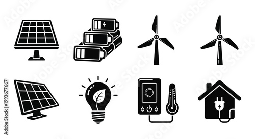 A collection of renewable energy icons including solar panels batteries wind turbines and a smart home silhouette high quality professional detailed
