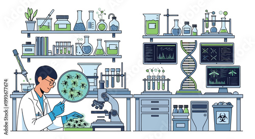 Scientist analyzing mosquito samples under microscope in modern medical laboratory isolated on white background