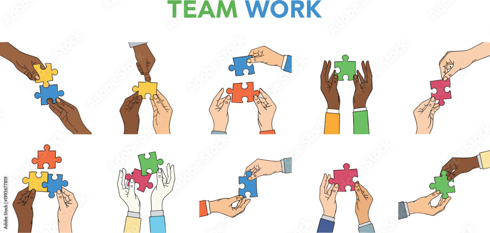 Fototapeta premium Vector illustration of teamwork concept with diverse hands connecting colorful puzzle pieces, symbolizing collaboration and unity
