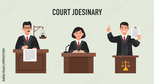 Judges in courtroom, justice scales, legal proceedings, law and order concept
