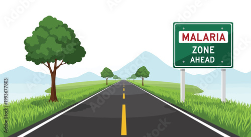 Road sign warning travelers about entering a malaria zone in tropical area isolated on white background