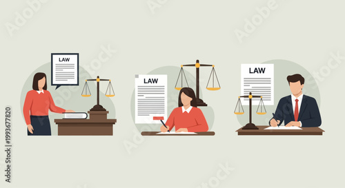 Legal professionals in court, law office, justice scales, documents, gavel, legal proceedings