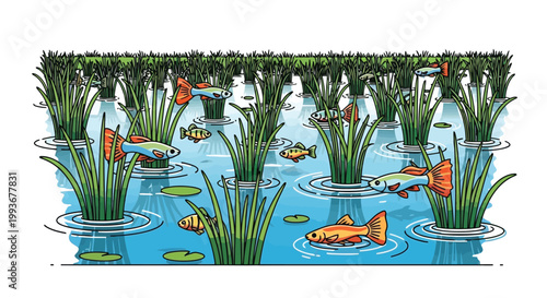 Guppy fish swimming in rice paddy pond with aquatic plants and water ecosystem isolated on white background