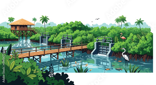 Water management system in tropical mangrove forest with walkway and sluice gate isolated on white background