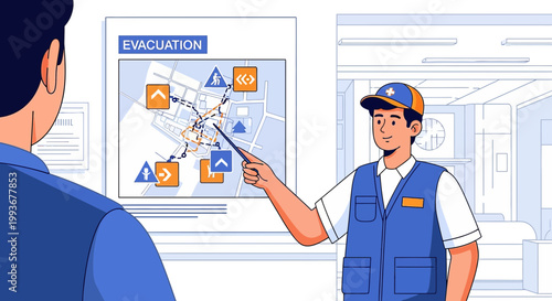 Emergency evacuation plan explained on map by safety officer to a person