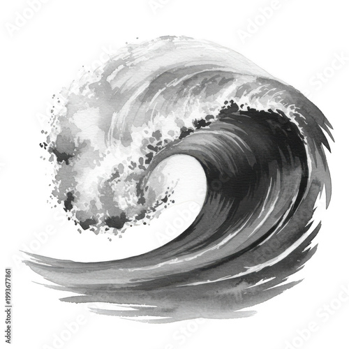 Monochromatic watercolor painting of a powerful ocean wave