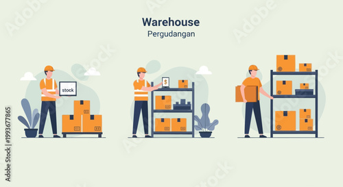 Warehouse workers organizing boxes on shelves, logistics and delivery concept