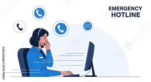 Emergency Hotline Operator Assisting Caller with Headset and Computer