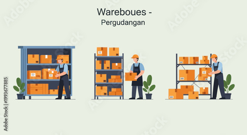 Warehouse workers organizing boxes on shelves, logistics and storage concept