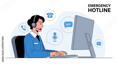 Emergency Hotline Operator with Headset Working on Computer, Customer Service Support