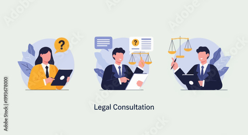 Legal Consultation Concept - Lawyer Advice, Justice Scales, Question Mark, Document