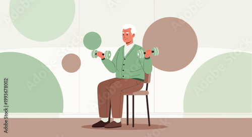 Elderly Man Exercising with Dumbbells While Sitting, Promoting Healthy Senior Lifestyle