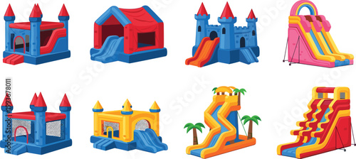 Vector illustration of colorful inflatable bounce houses and slides, perfect for children’s parties and outdoor entertainment