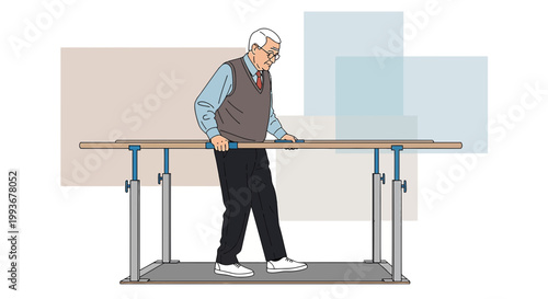 Elderly Man Practicing Walking with Parallel Bars in Physical Therapy