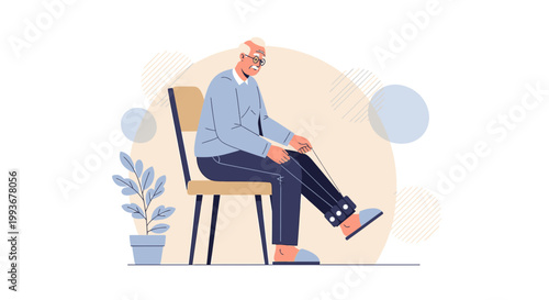 Elderly Man Sitting on Chair Tying Shoelaces, Senior Lifestyle, Daily Routine