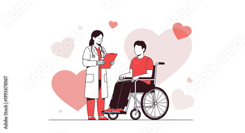 Doctor Consults Patient in Wheelchair with Hearts Background