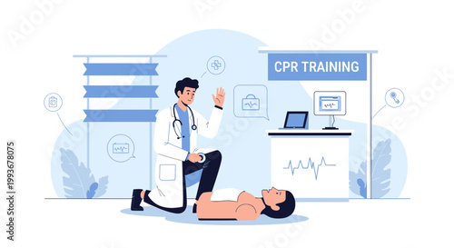 Doctor demonstrates CPR on dummy, CPR training class in medical center, healthcare education