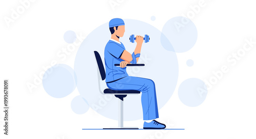 Doctor doing bicep curl with dumbbell while sitting on chair, rehabilitation exercise