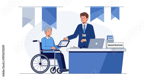 Elderly person in wheelchair registers at reception desk with staff member assisting
