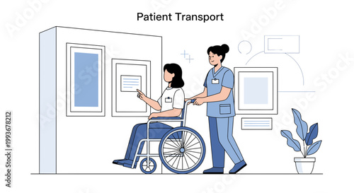 Nurse pushing patient in wheelchair down hospital corridor, patient transport concept